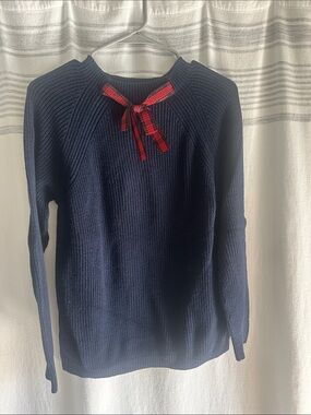 J. Crew Navy Ribbed Sweater with Red Plaid Bow